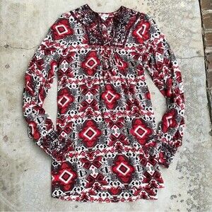 Nieves Lavi Silk Mini Dress Tunic Beaded Embellished Aztec Printed Red Black XS